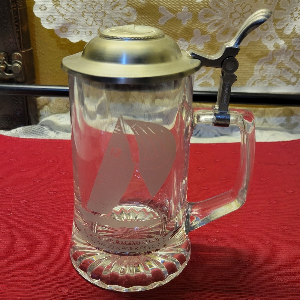ALWE GLASS GERMANY ETCHED BEER STEIN 12 METER RACING SLOOP OLD SPICE PEWTER LID